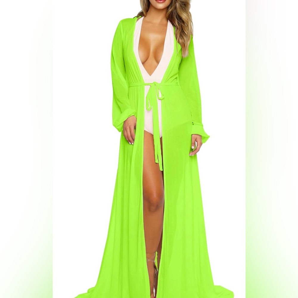 BRIGHT GREEN Women's Long Sleeve Flowy Maxi Swimsuit Duster *NEW*